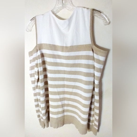 CALVIN KLEIN WOMEN'S MISSES SIZE LARGE BEIGE & WHITE STRIPES COLD SHOULDER TOP - Picture 2 of 12